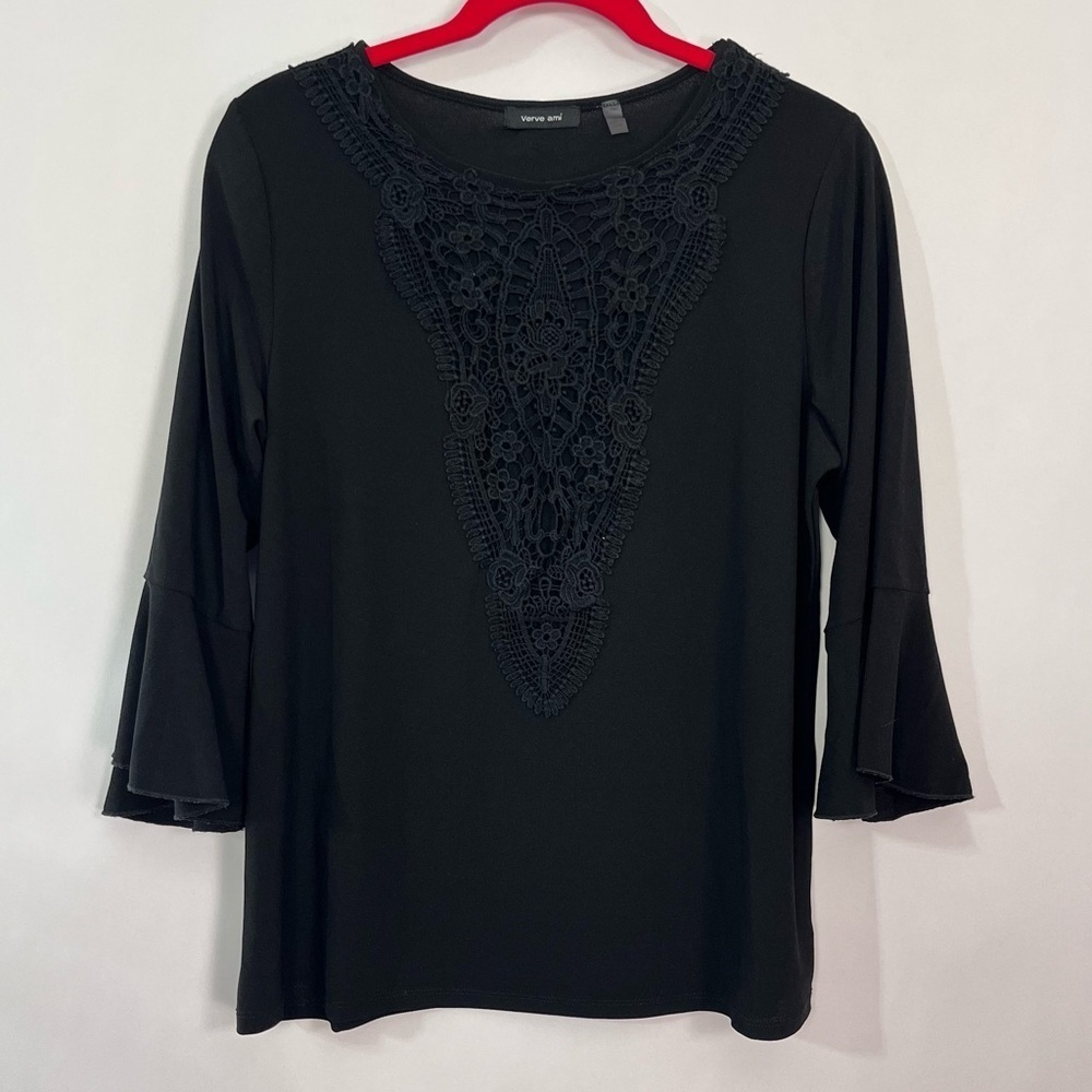 Verve Ami Black Crocheted V neck Blouse Ruffle Bell 3/4 Sleeves Sz Large